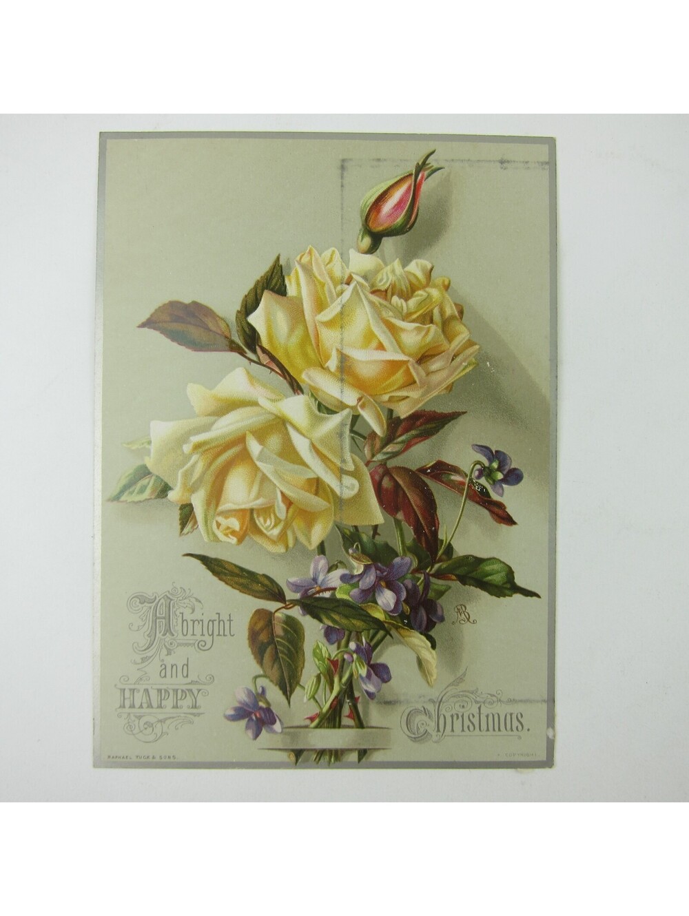 Victorian Christmas Card Yellow Roses Purple Flowers Raphael Tuck & Sons Antique